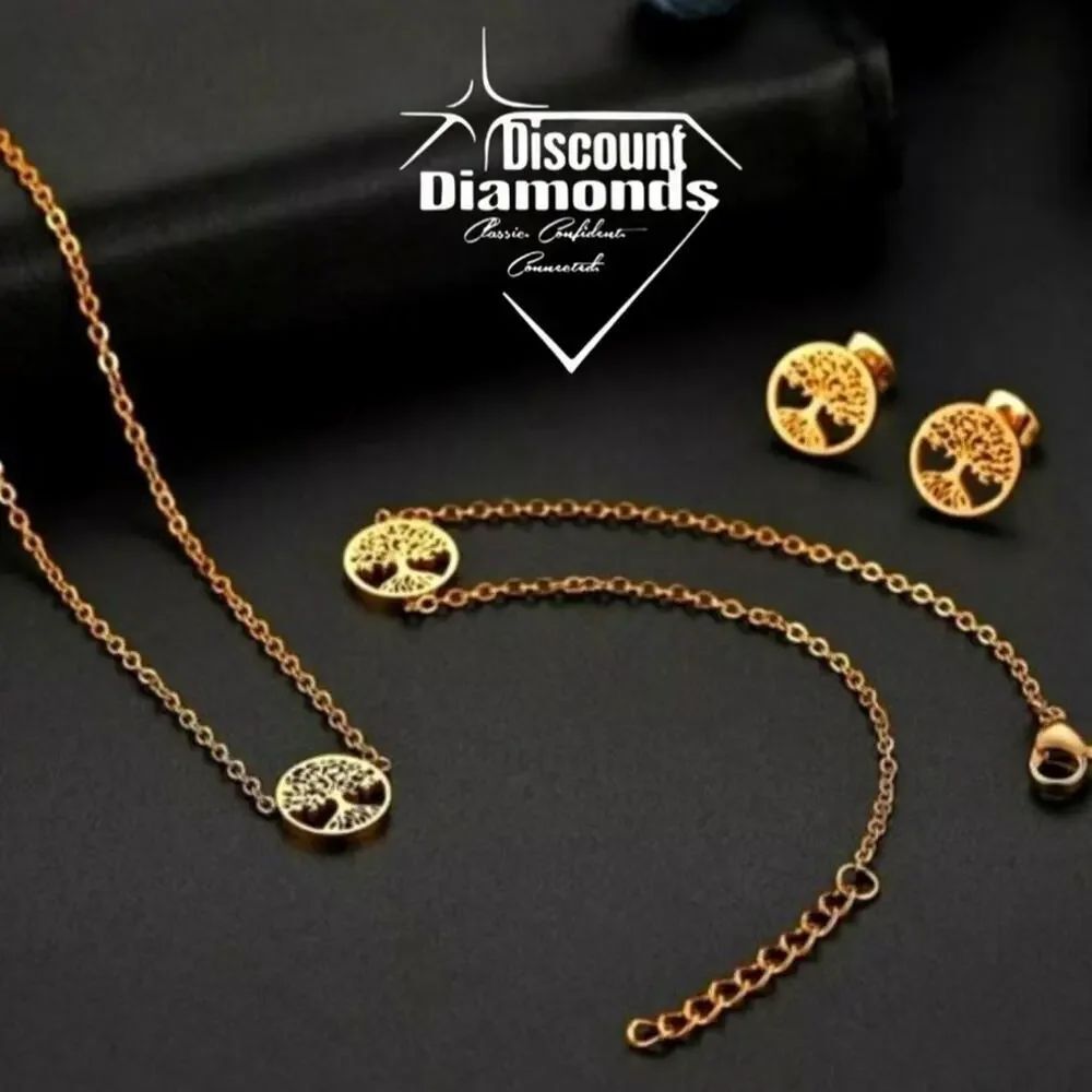 Gold Plated 4 piece set Necklace, Bracelet, and Earrings in Stainless Steel